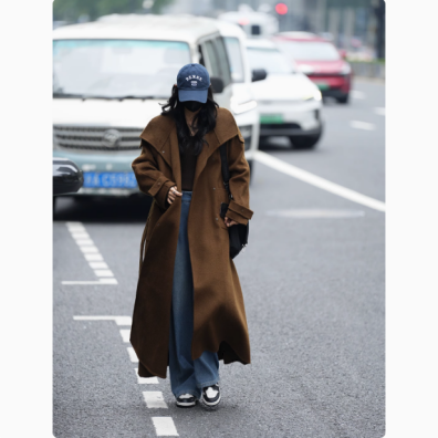 品质温暖双面立绒绵羊毛極简气场立领腰带长款大衣