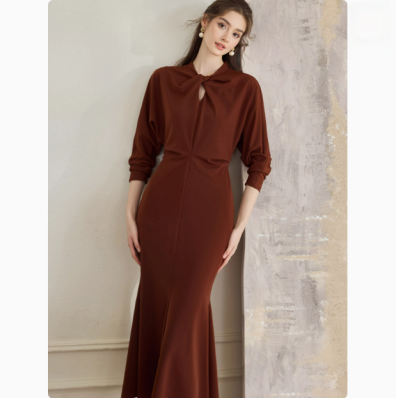 复古安可拉红修身连衣裙新款时尚鱼尾摆针织裙